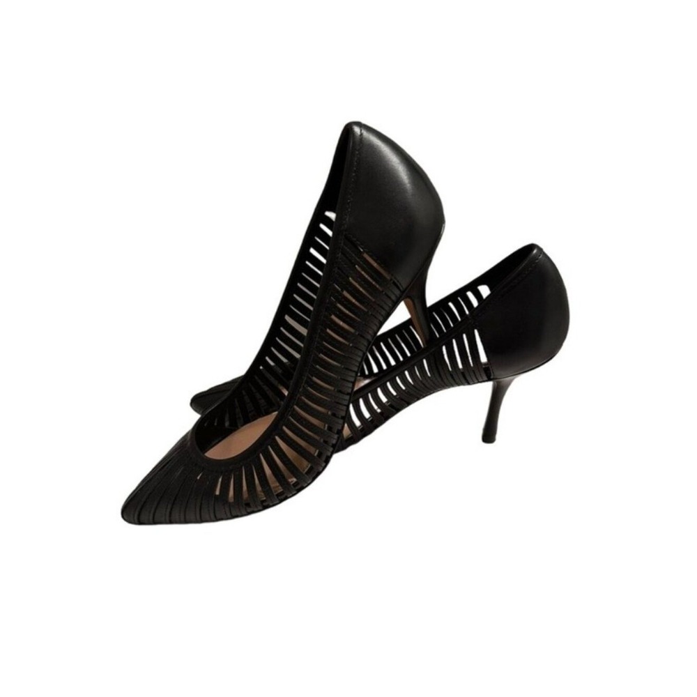 Paolo Pumps Womens Black Leather Pointed Toe Cutout Cage Kitten Heel Shoes